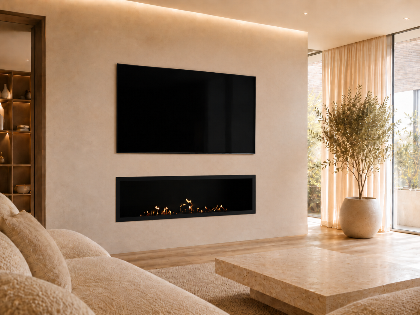 Cinewall met brandende Selected bio-ethanol haard onder de tv