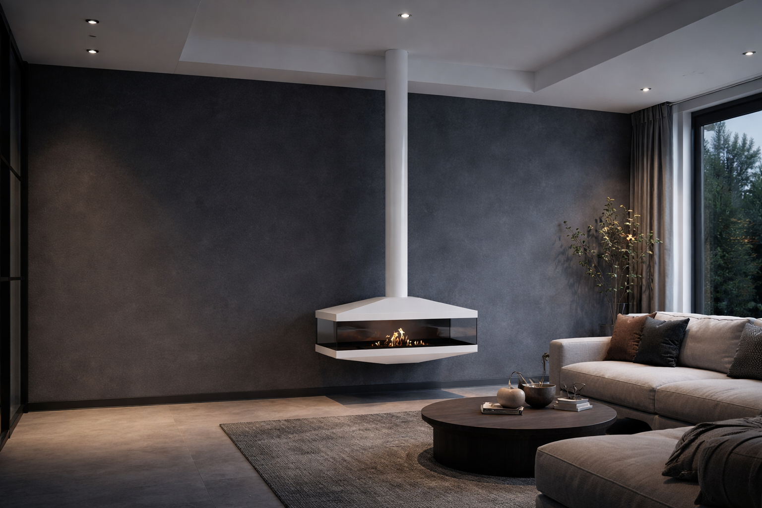Render van witte plafondhaard 120 cm — achterkantaanzicht