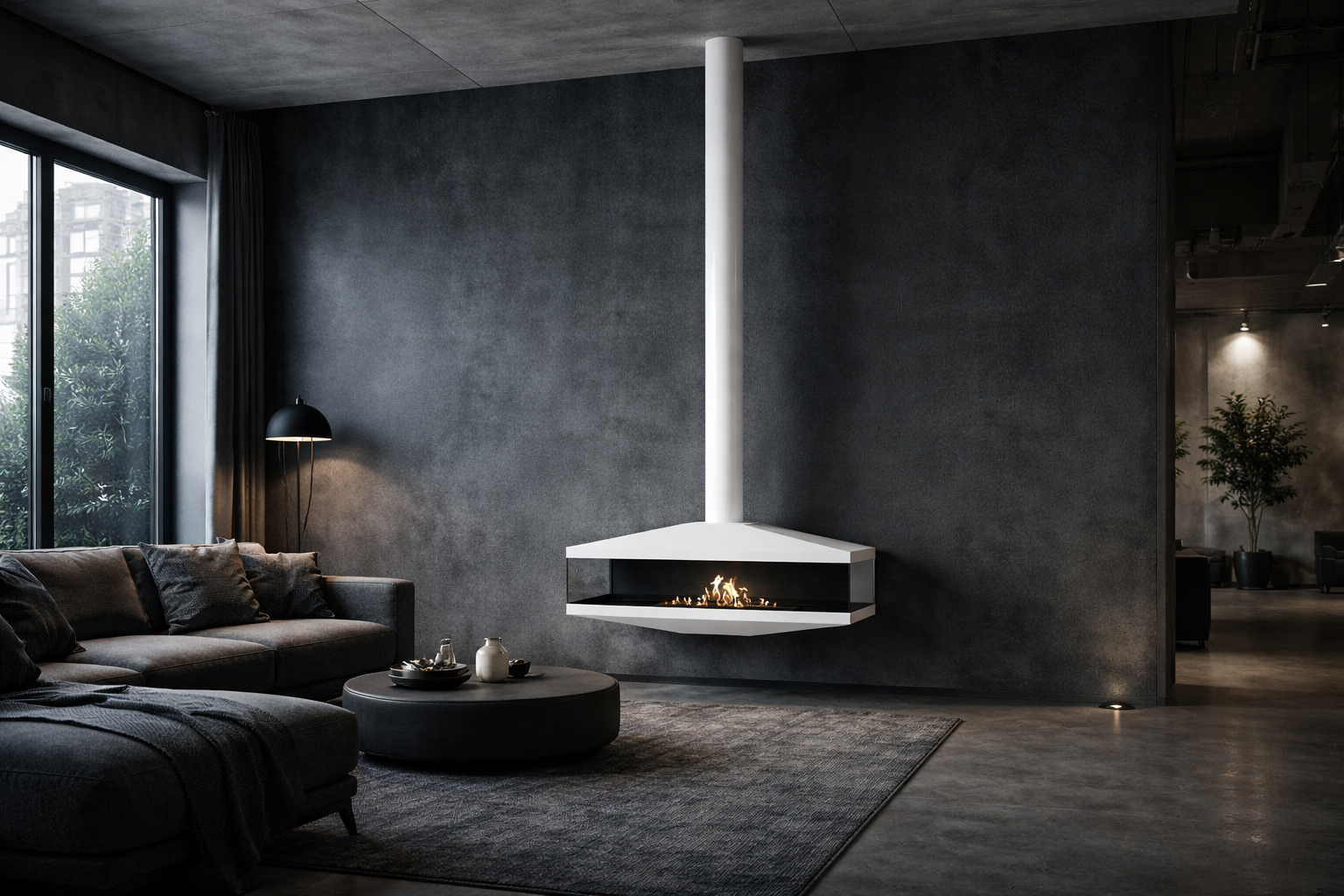 Render van witte plafondhaard 120 cm — onderkantaanzicht