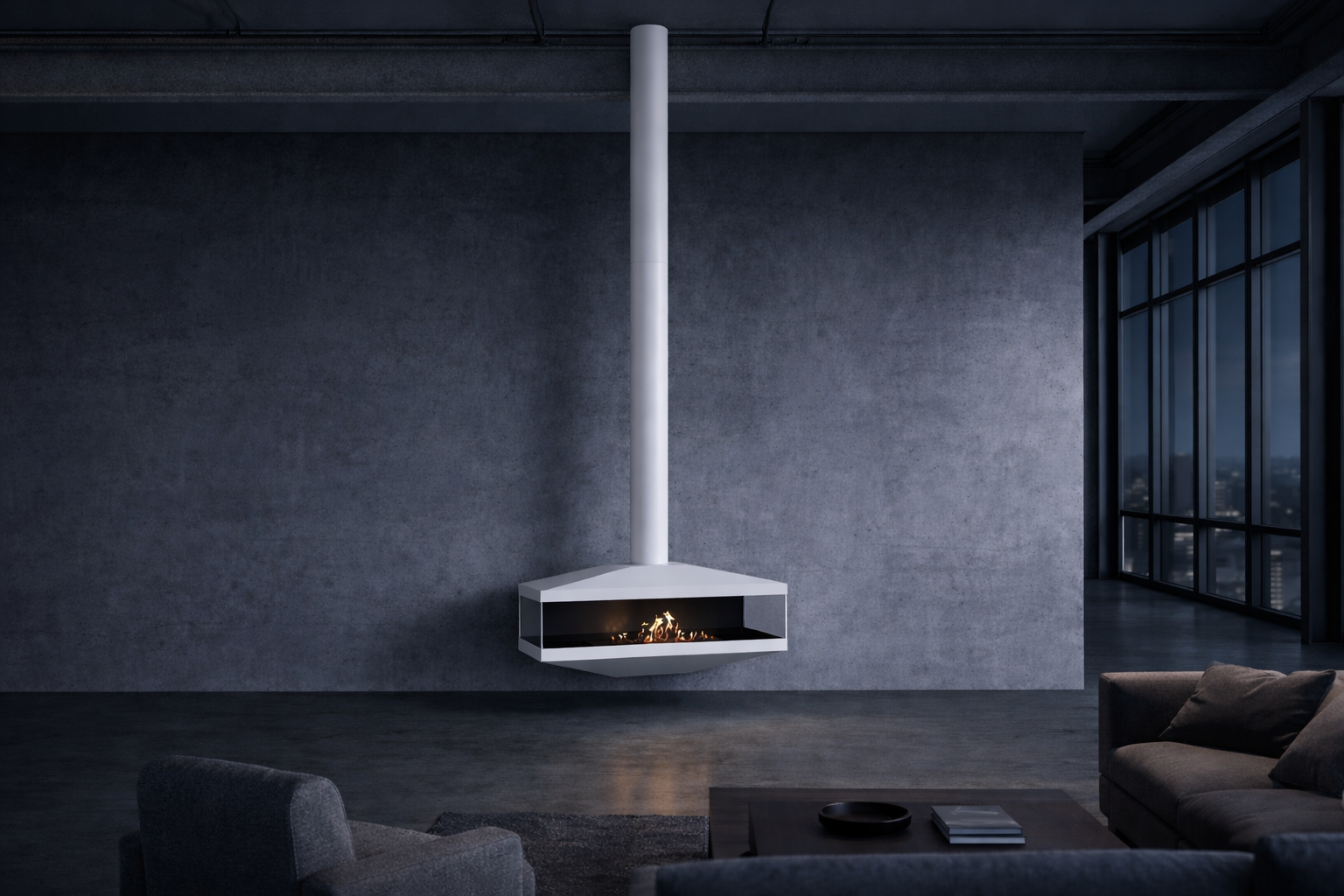 Render van witte plafondhaard 120 cm — schuinaanzicht links