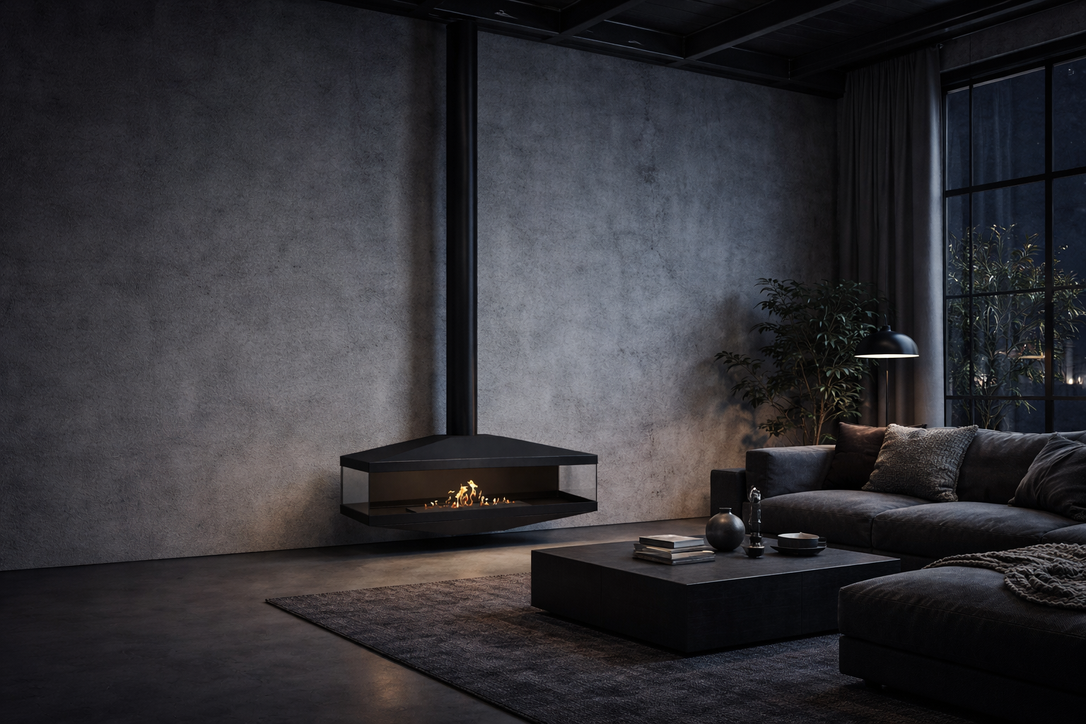 Render van zwarte plafondhaard 120 cm — onderkantaanzicht