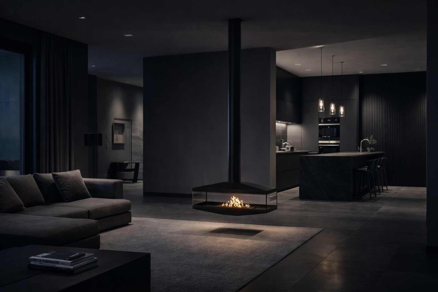 Render van zwarte plafondhaard 120 cm — schuinaanzicht links