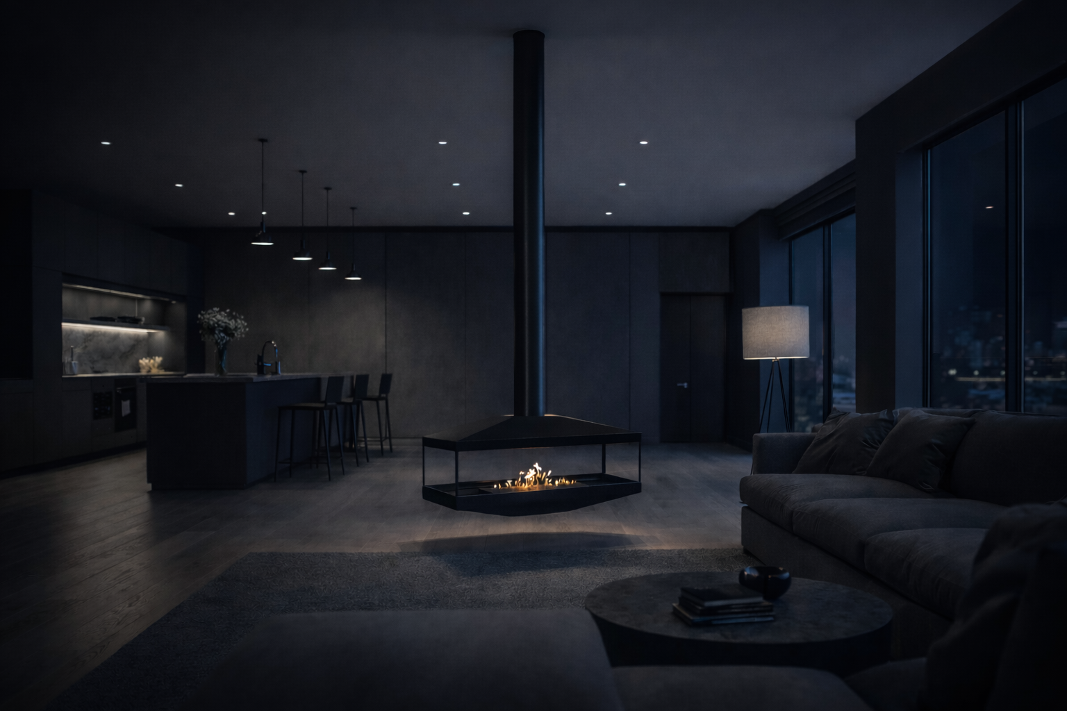 Render van zwarte plafondhaard 120 cm — achterkantaanzicht