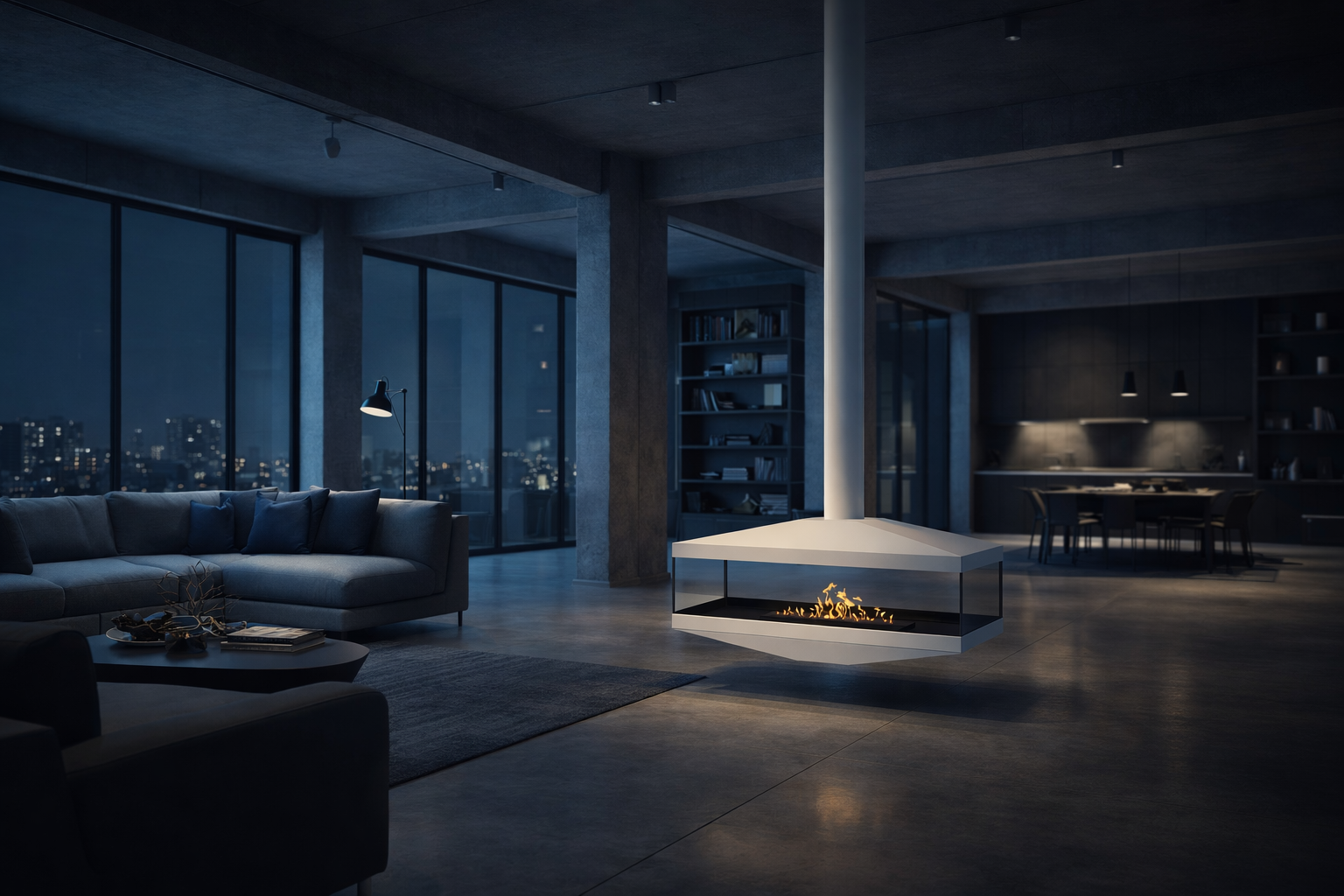 Render van witte plafondhaard 120 cm — schuinaanzicht links