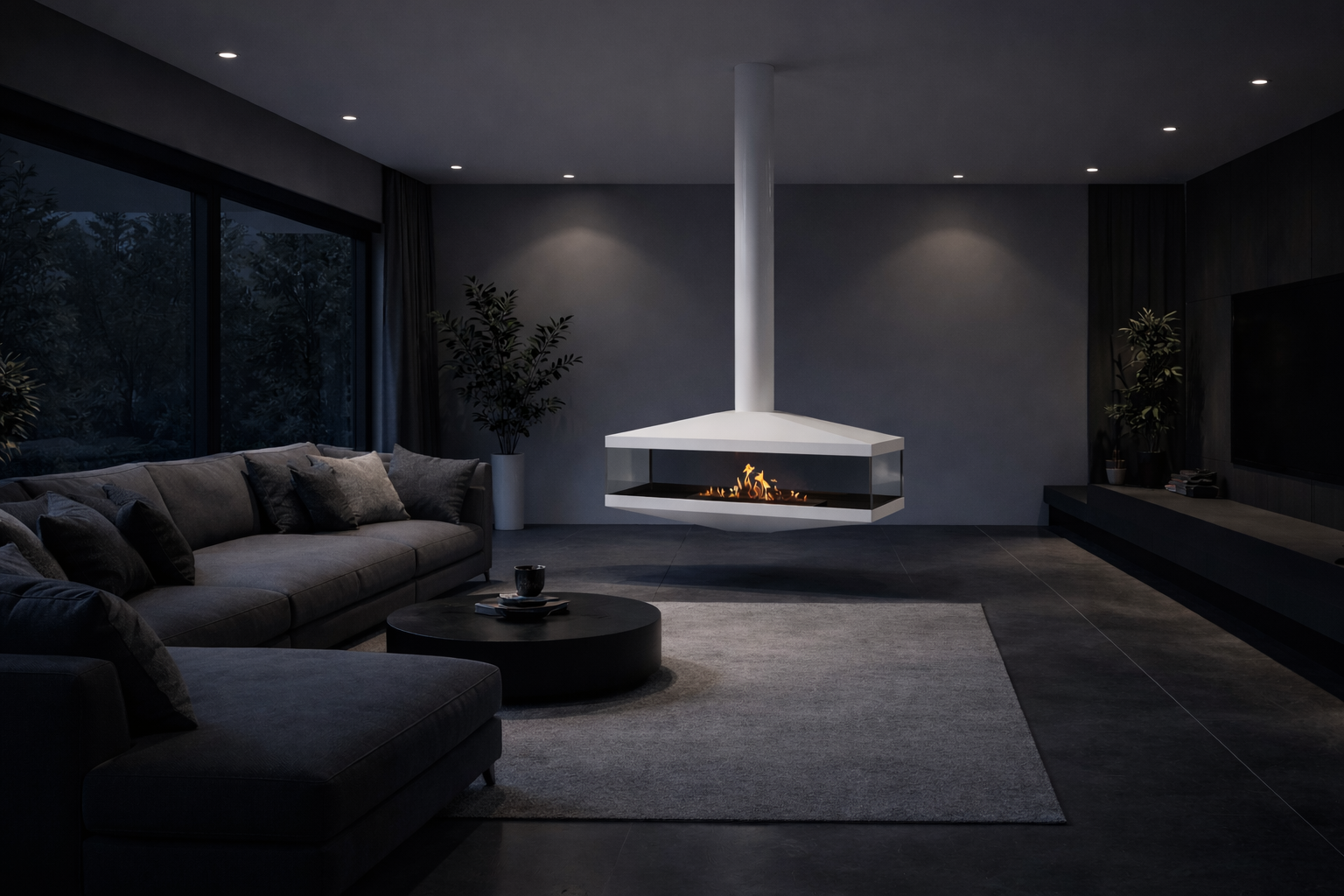 Render van witte plafondhaard 120 cm — achterkantaanzicht
