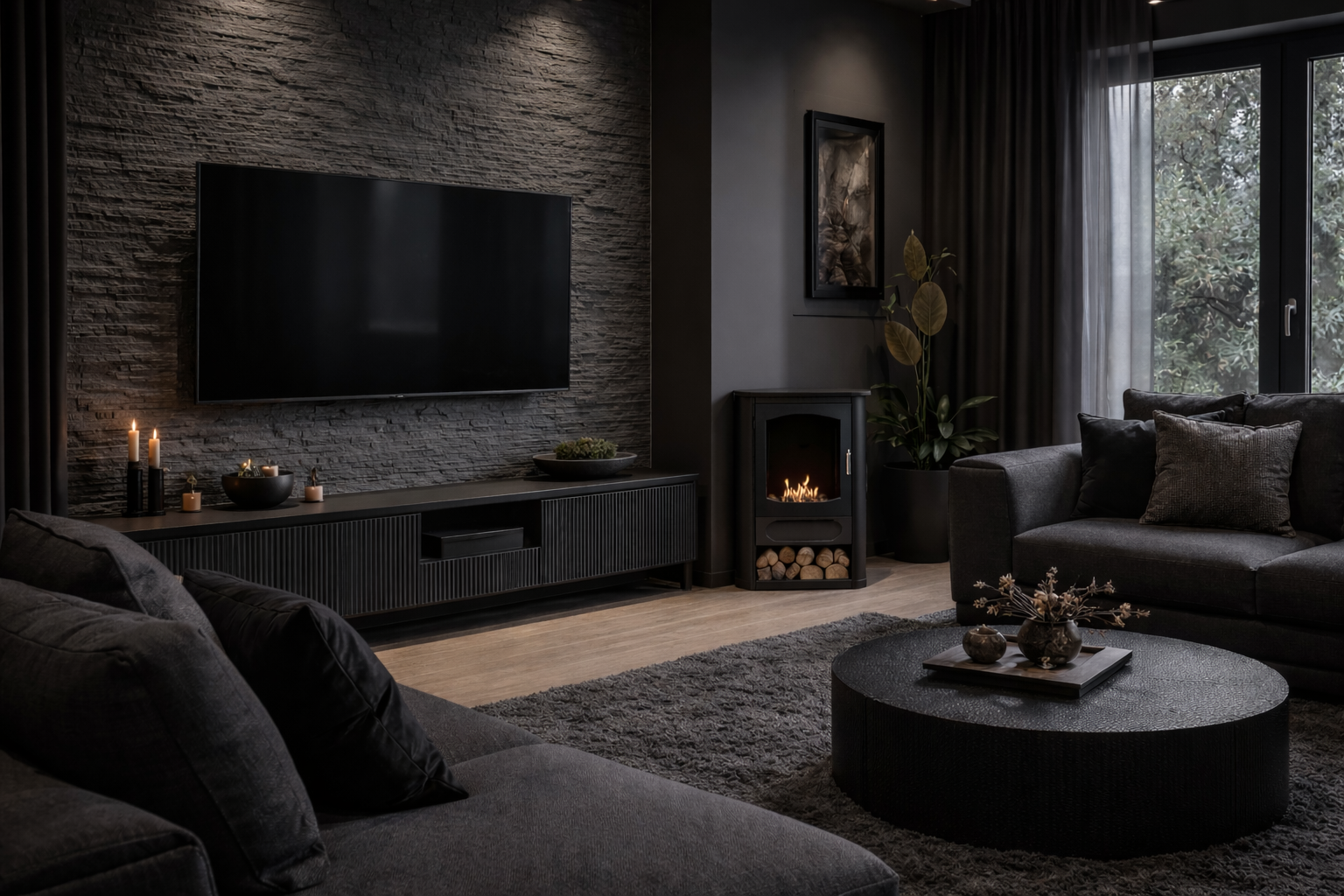 Render van Aurora vrijstaand haard H70 cm — schuinaanzicht
