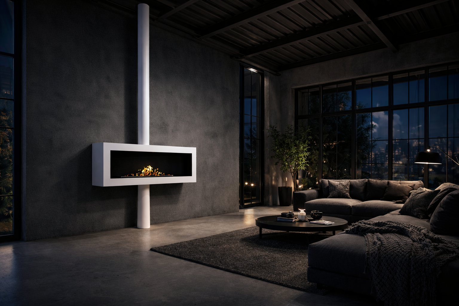 Render van witte plafondhaard 120 cm — achterkantaanzicht