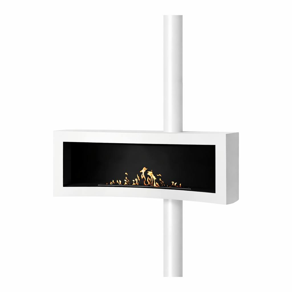 Render van witte gebogen buis plafondhaard 120 cm