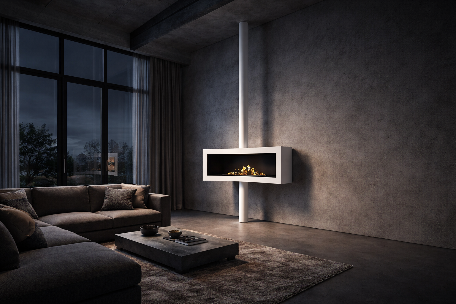 Render van witte plafondhaard 120 cm — schuinaanzicht links