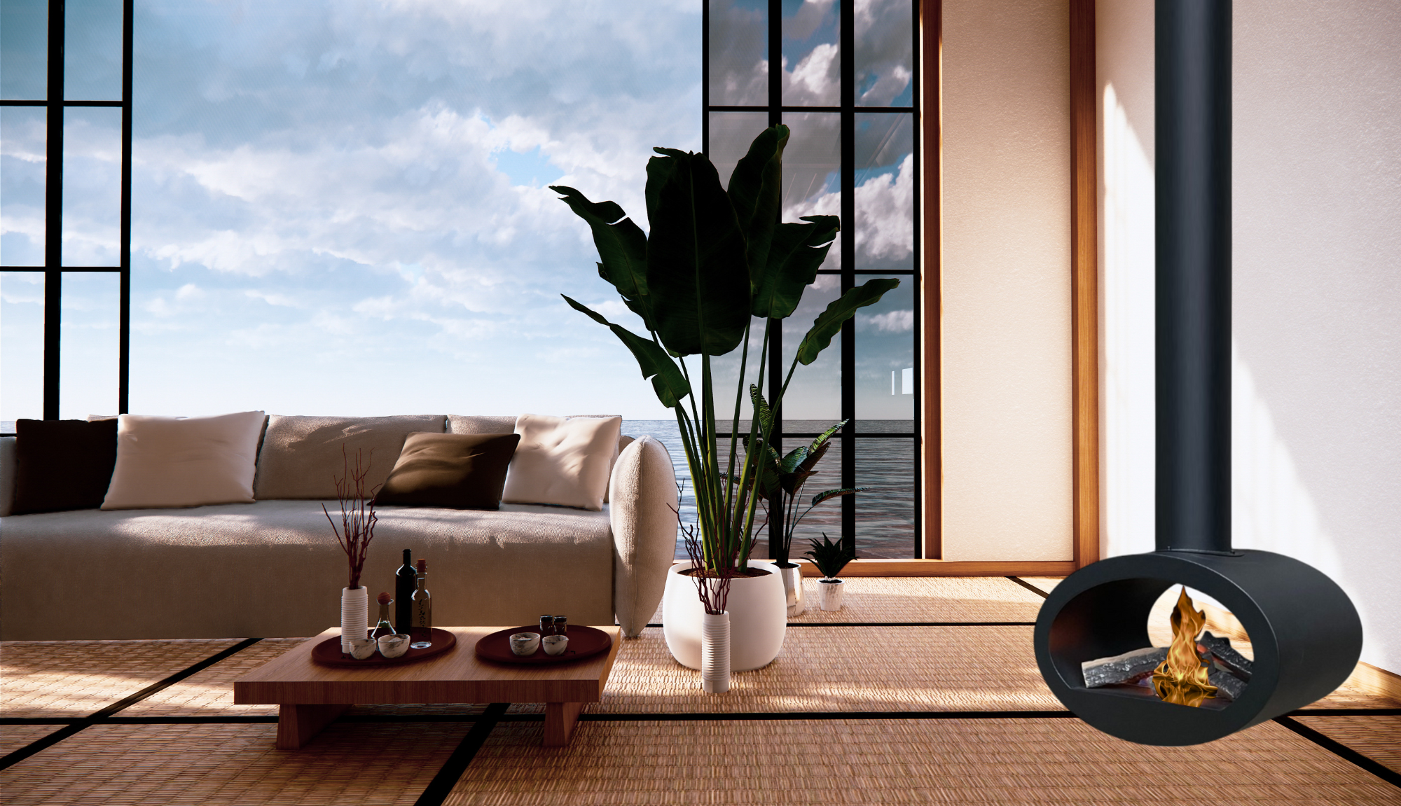 Render van plafondhaard D65 — achterkantaanzicht