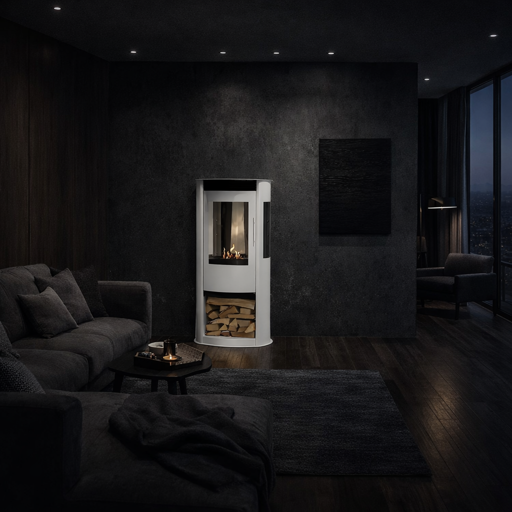 Render van Habe vrijstaand haard H100 cm — schuinaanzicht