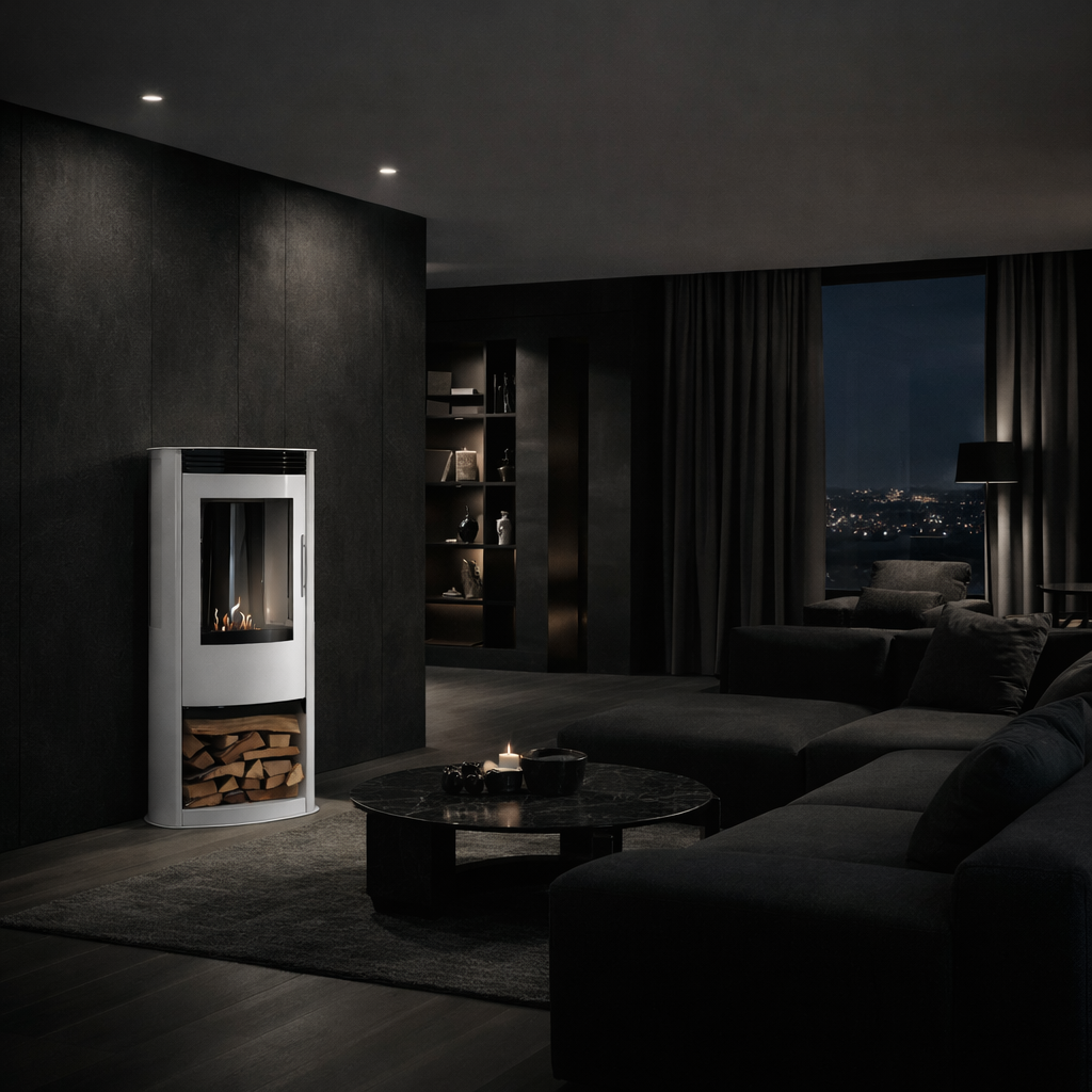 Render van Habe vrijstaand haard H100 cm — zijaanzicht