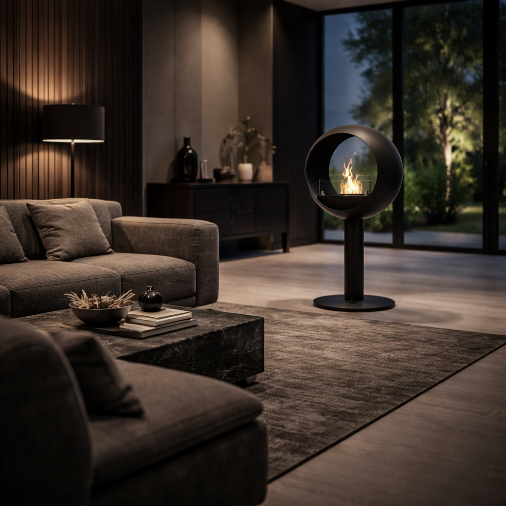 Render van Lunan vrijstaand haard D60 cm — schuinaanzicht