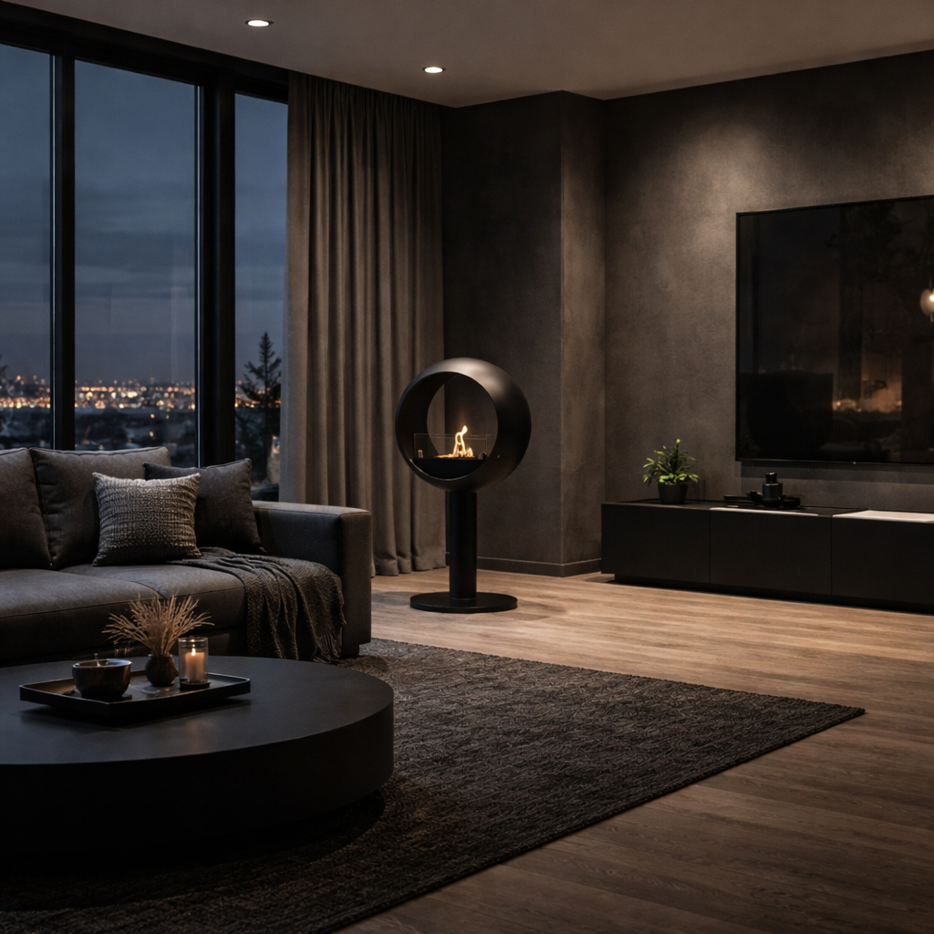 Render van Lunan vrijstaand haard D60 cm — perspectiefsaanzicht