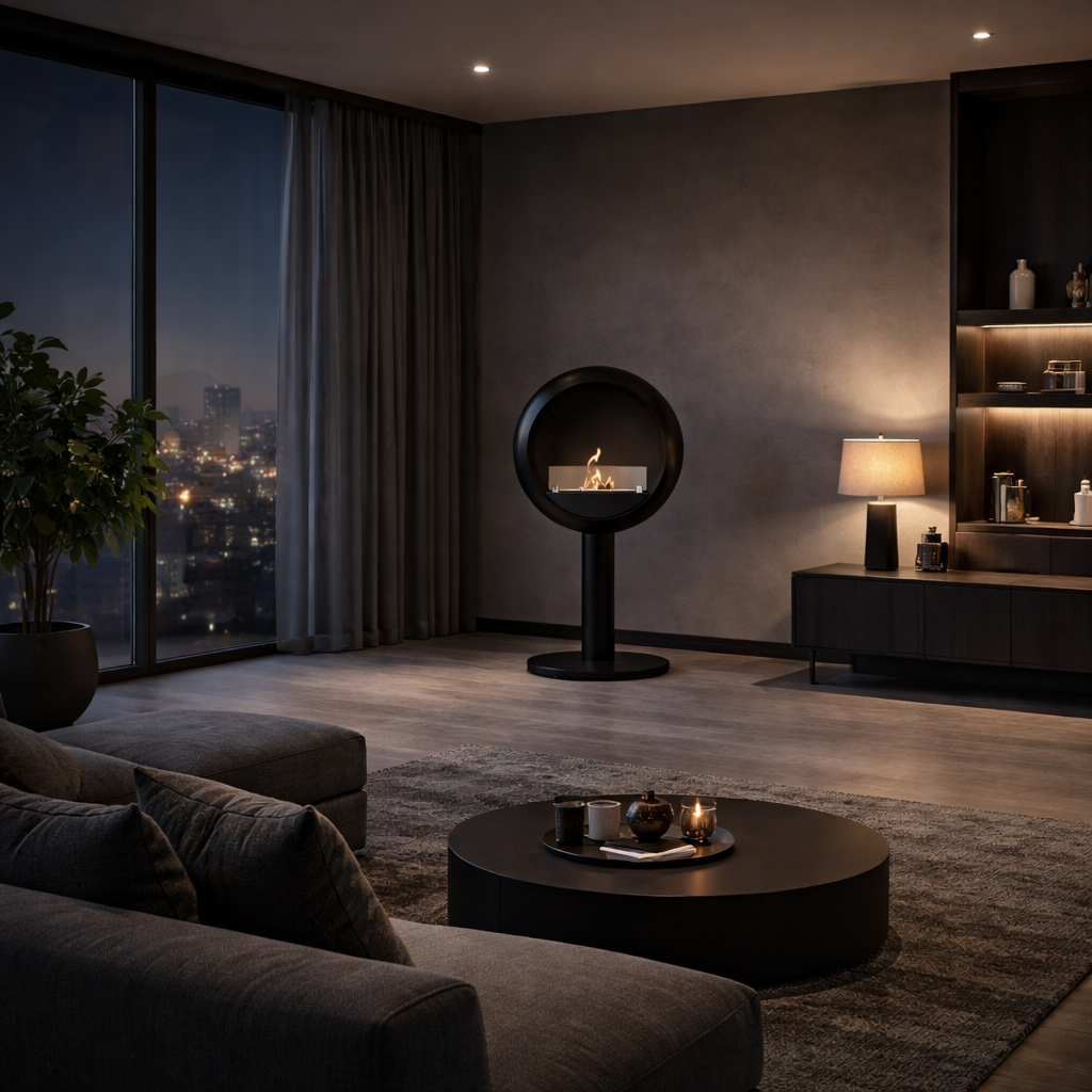 Render van Lunan vrijstaand haard D60 cm — schuinaanzicht