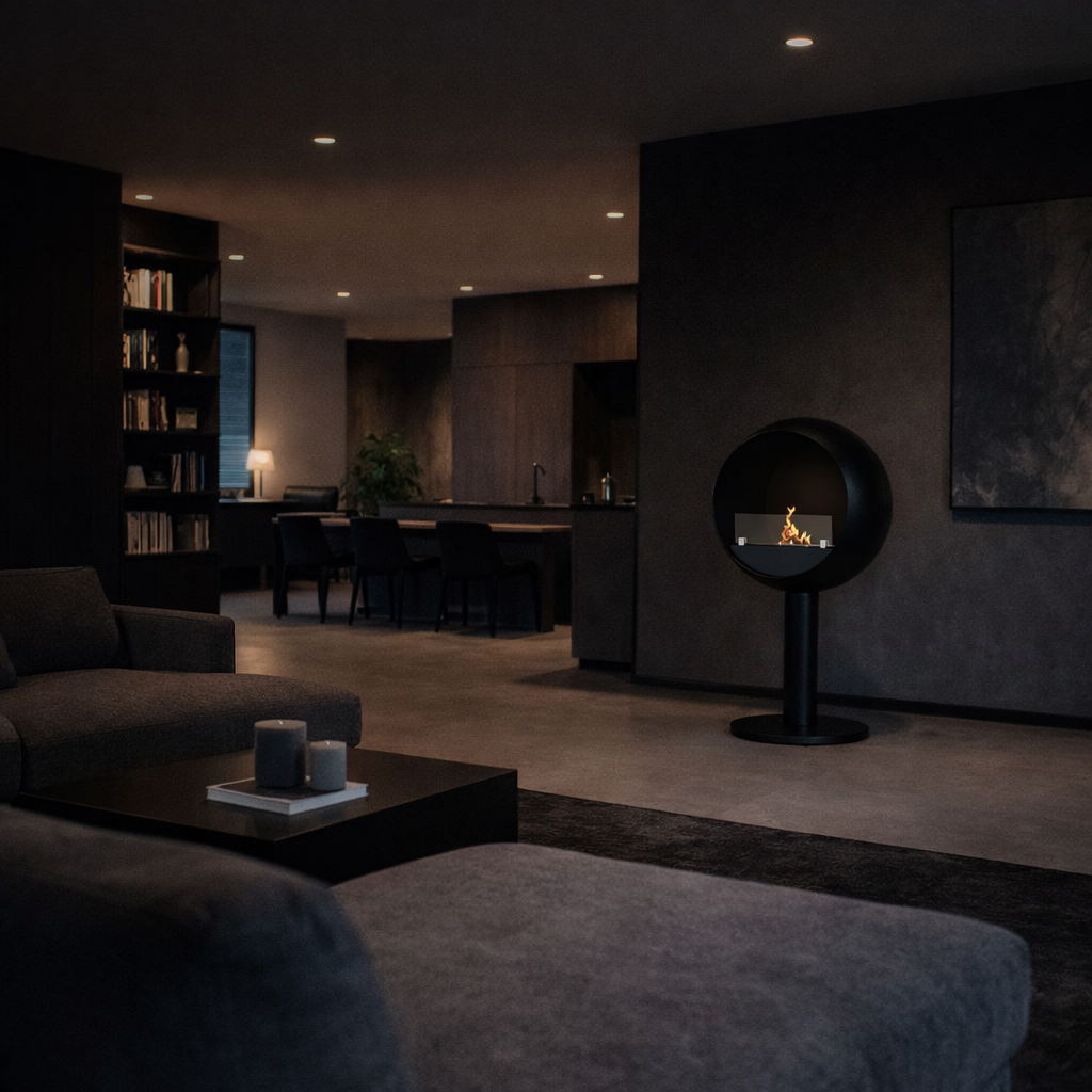 Render van Lunan vrijstaand haard D60 cm — zijaanzicht
