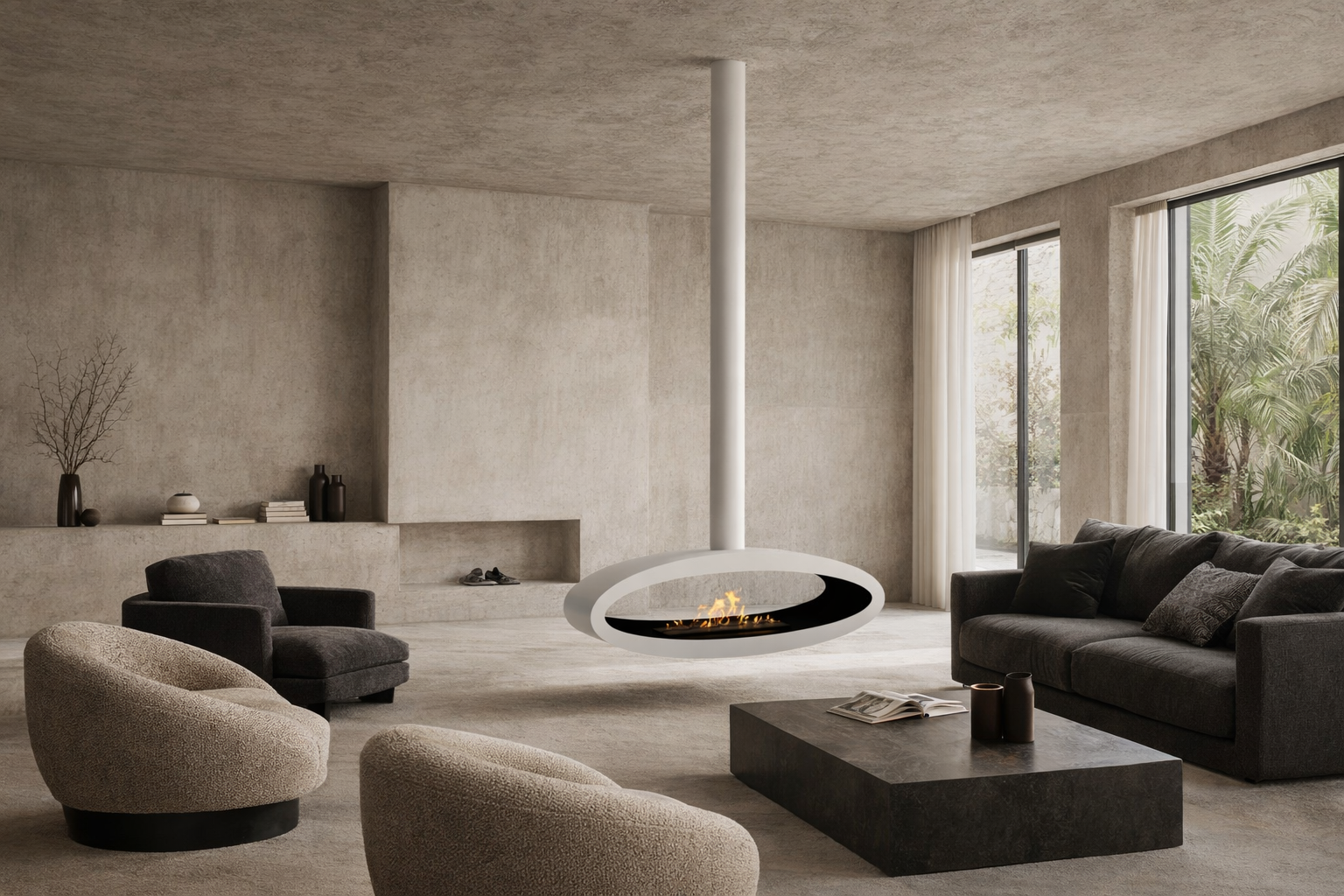 Render van witte plafondhaard 120 cm — schuinaanzicht rechts