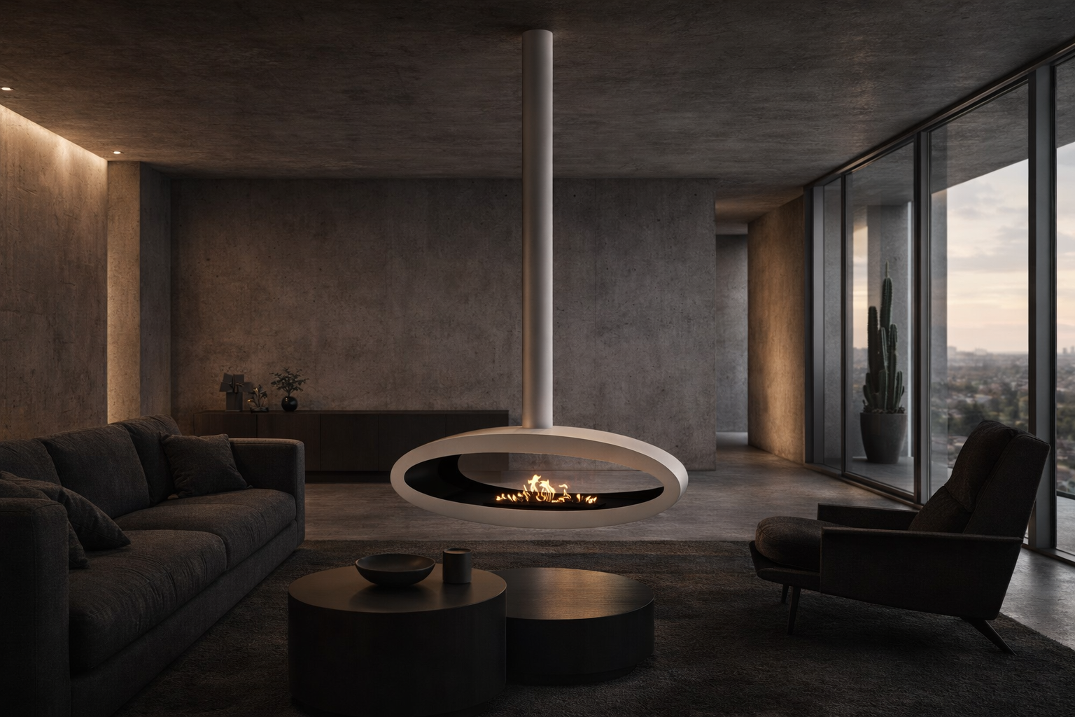 Render van witte plafondhaard 120 cm — achterkantaanzicht