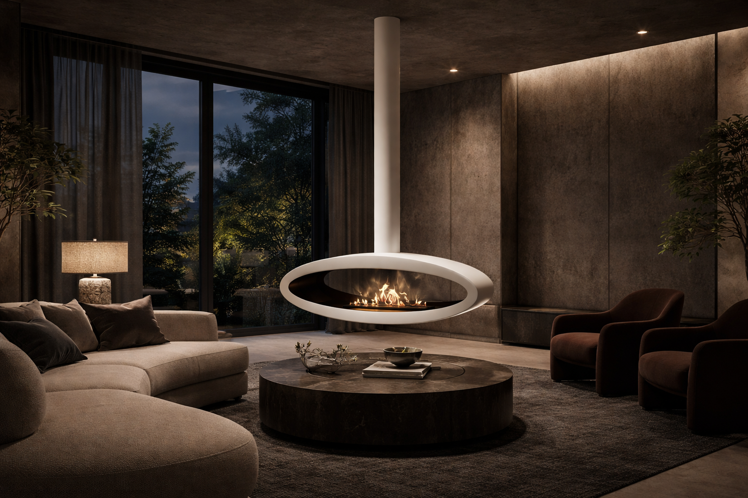Render van witte plafondhaard 120 cm — schuinaanzicht links