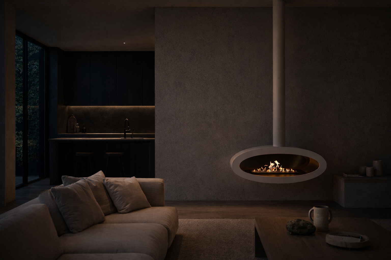 Render van witte plafondhaard 100 cm — schuinaanzicht links