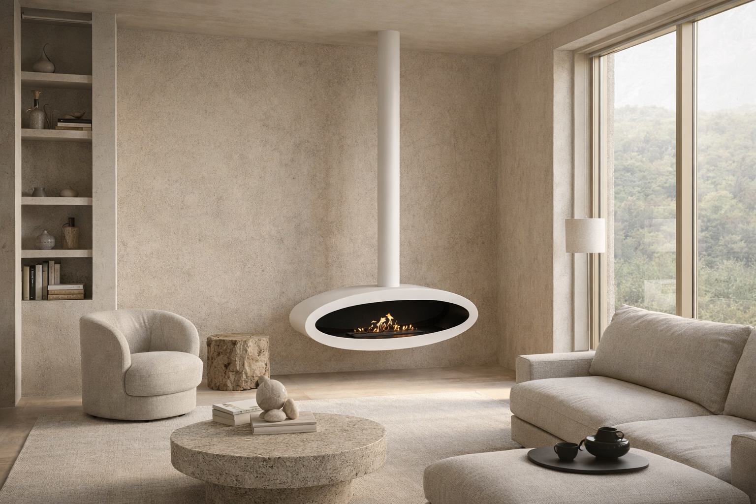 Render van witte plafondhaard 120 cm — achterkantaanzicht