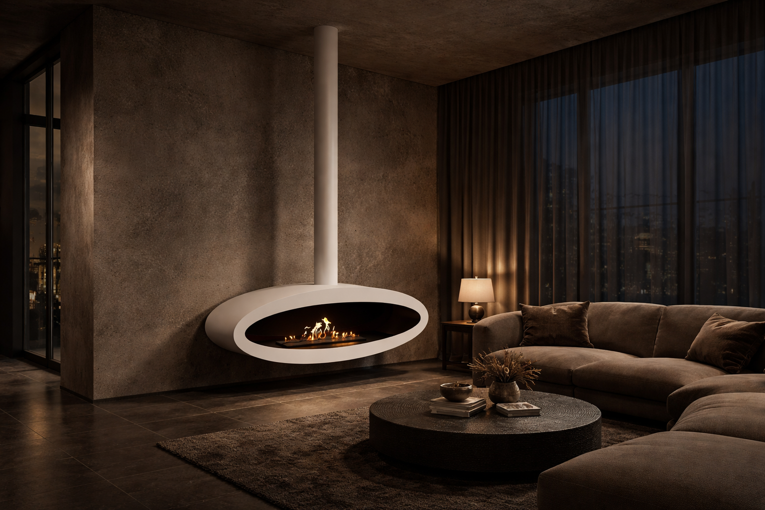 Render van witte plafondhaard 120 cm — schuinaanzicht links