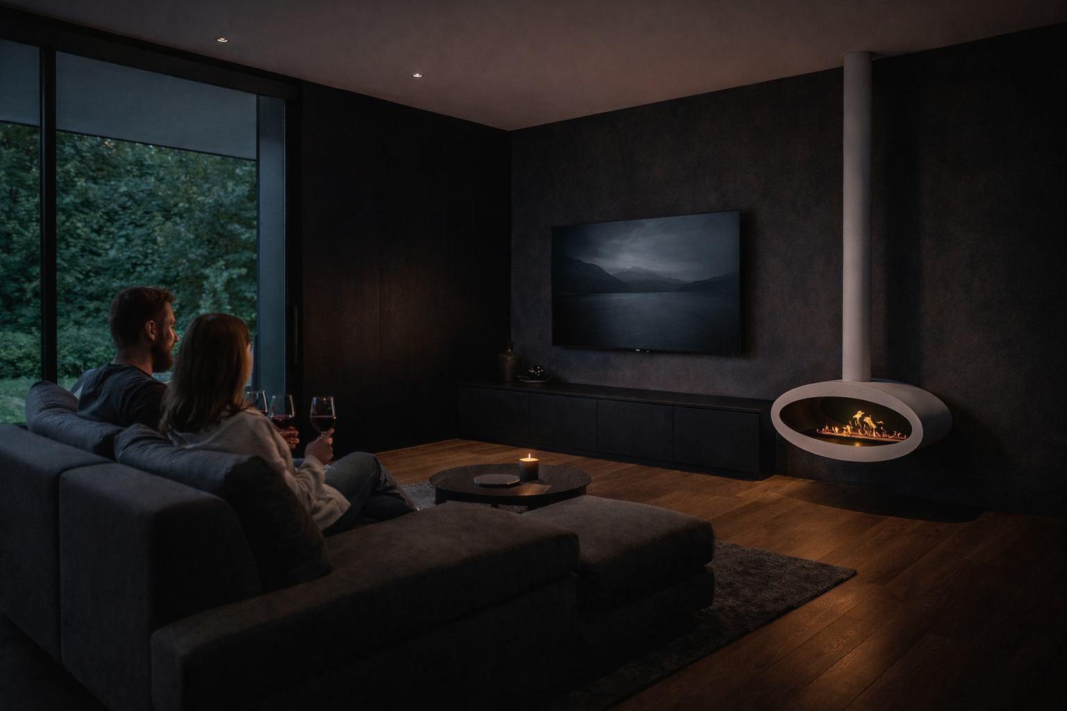 Render van witte plafondhaard 80 cm — schuinaanzicht links