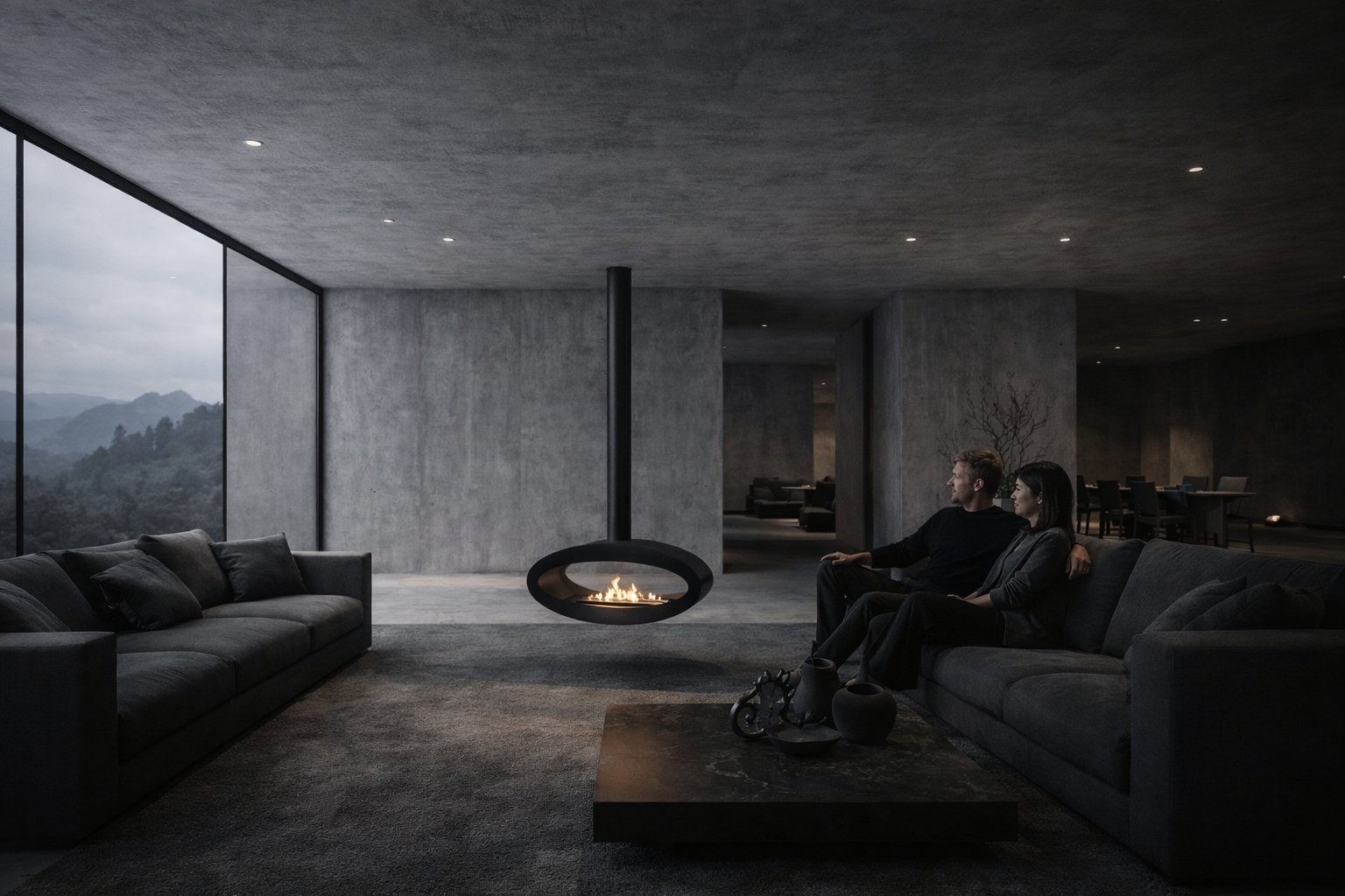 Render van zwarte plafondhaard 100 cm — achterkantaanzicht