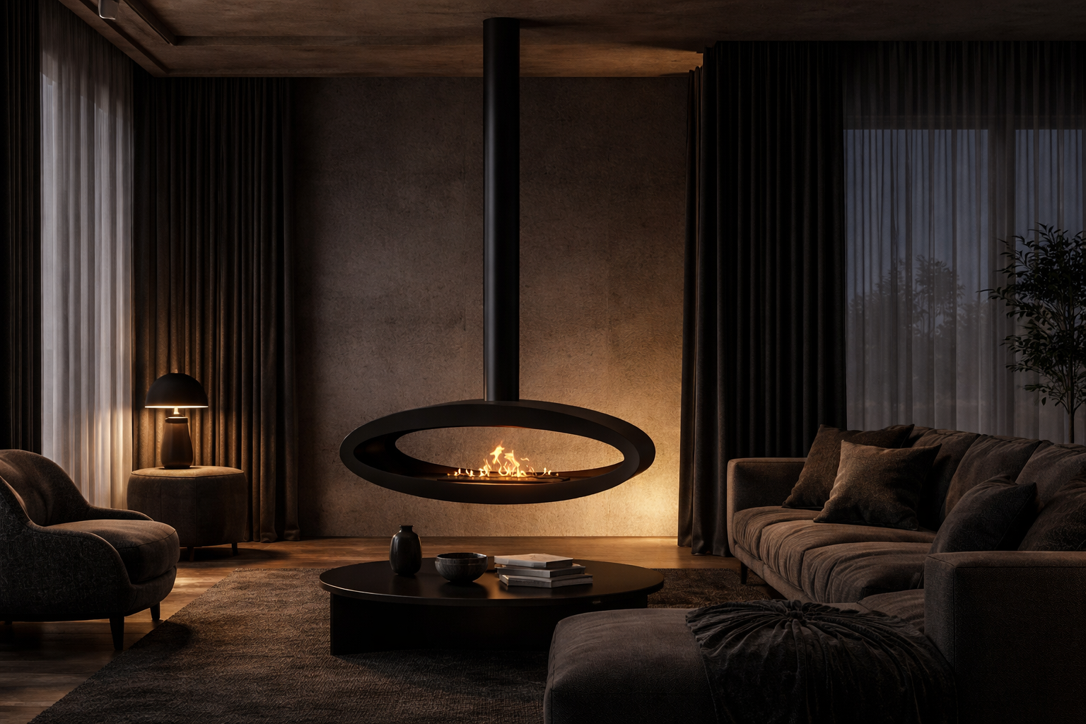 Render van zwarte plafondhaard 120 cm — achterkantaanzicht