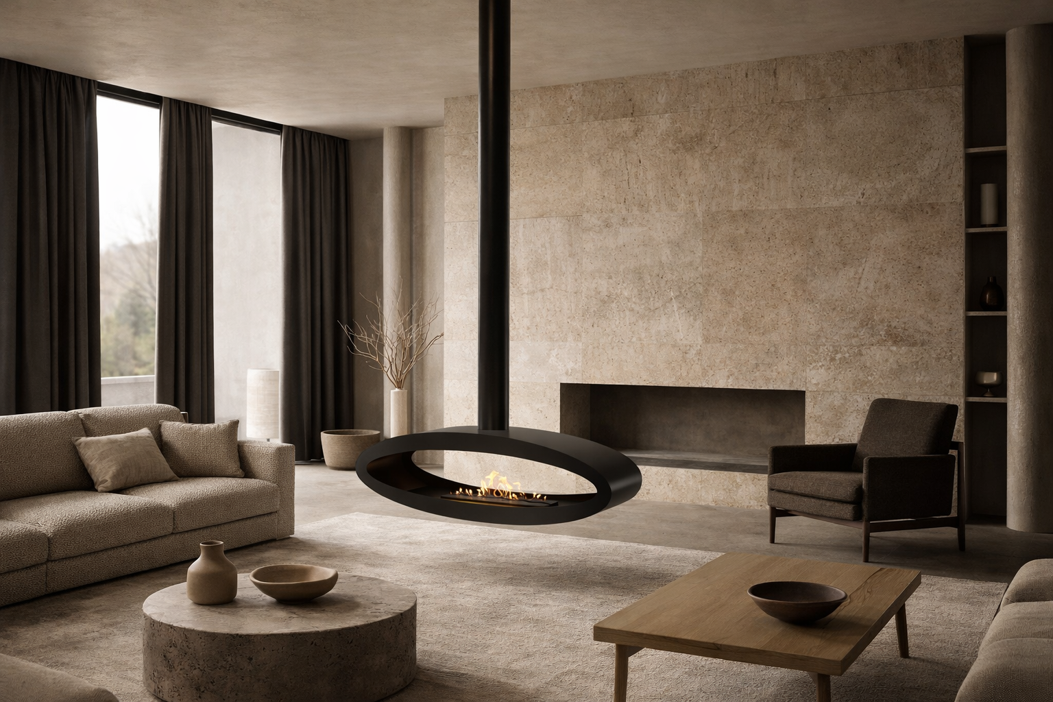 Render van zwarte plafondhaard 120 cm — detail montagebeugel