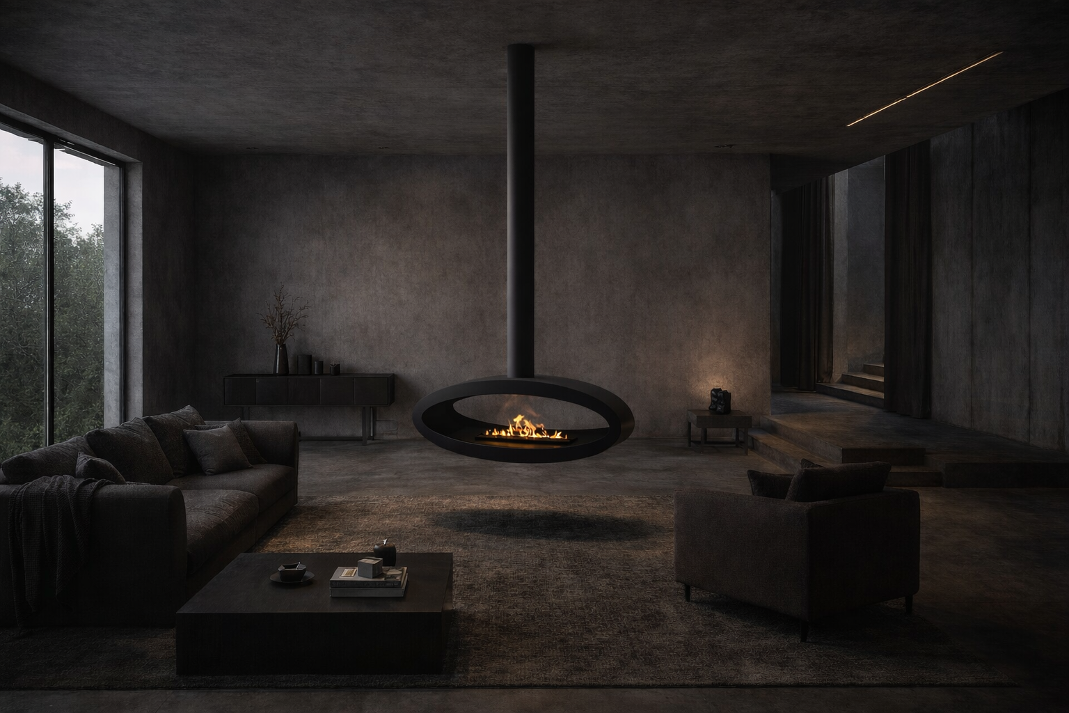 Render van zwarte plafondhaard 120 cm — bovenaanzicht