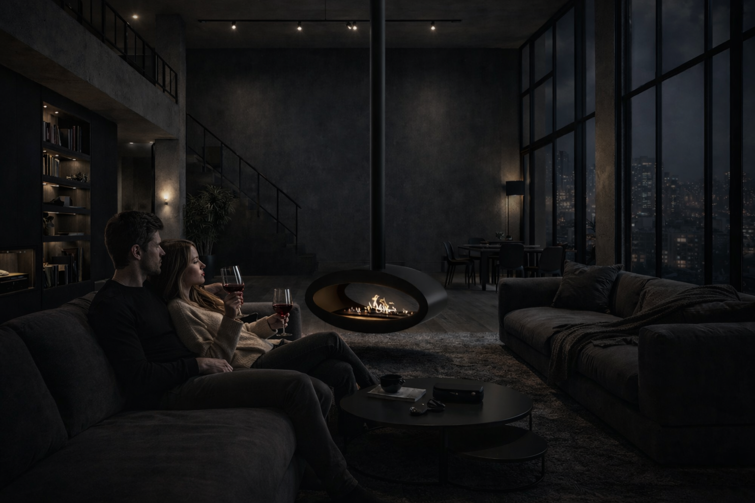 Render van zwarte plafondhaard 80 cm — achterkantaanzicht