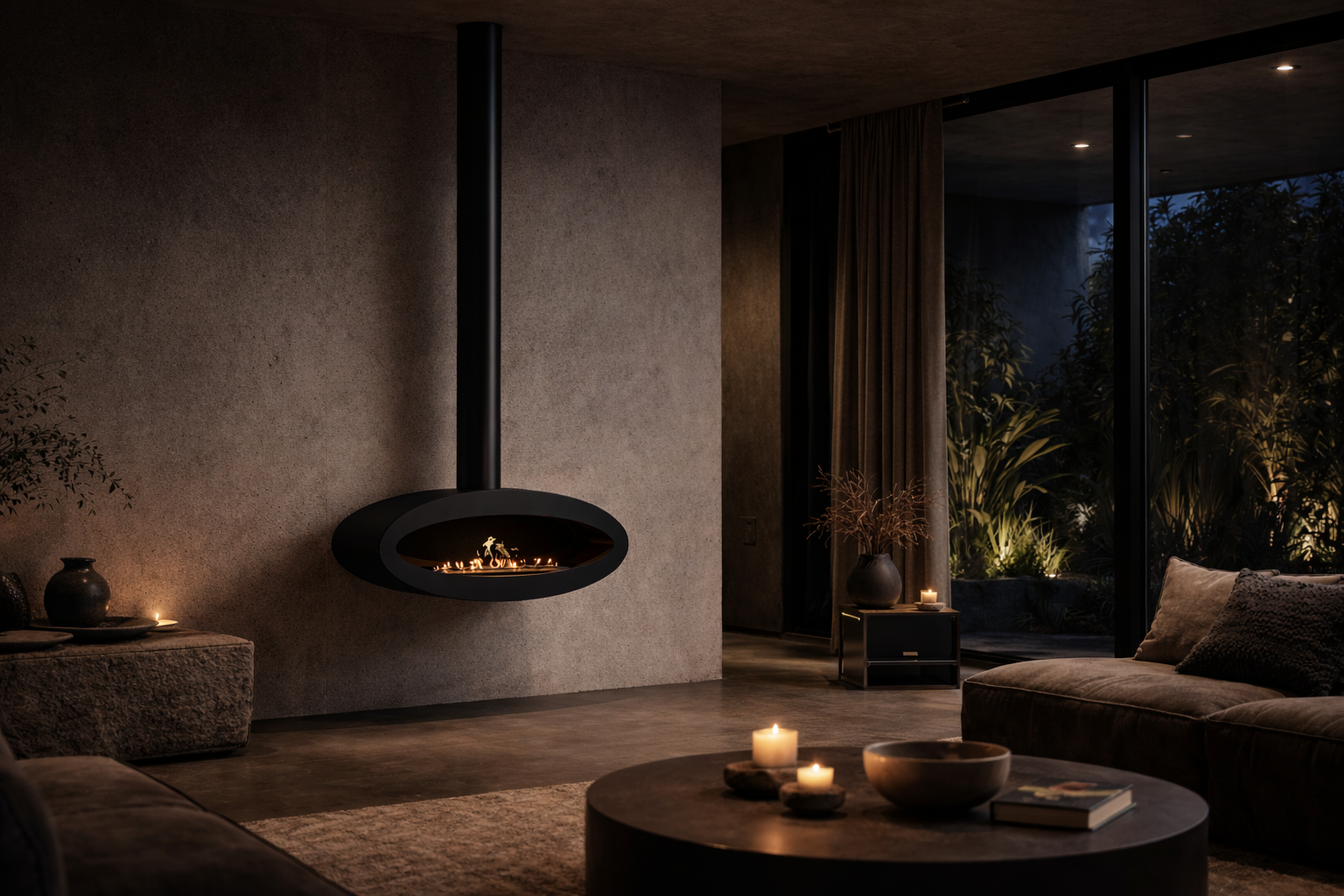 Render van zwarte plafondhaard 100 cm — achterkantaanzicht