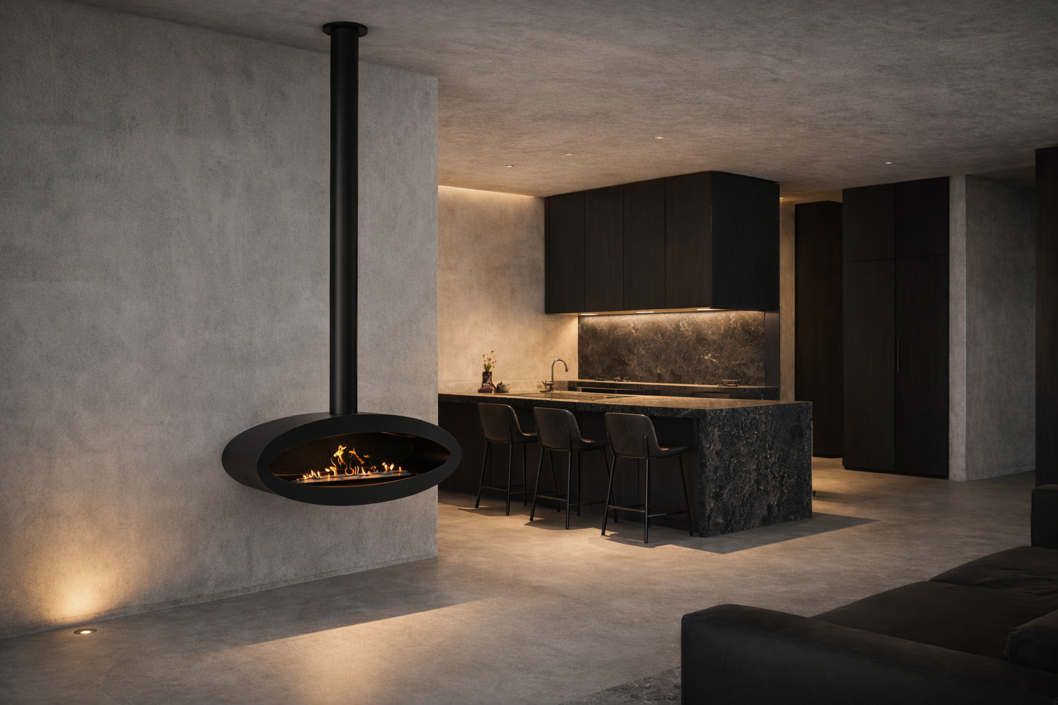 Render van zwarte plafondhaard 100 cm — schuinaanzicht links