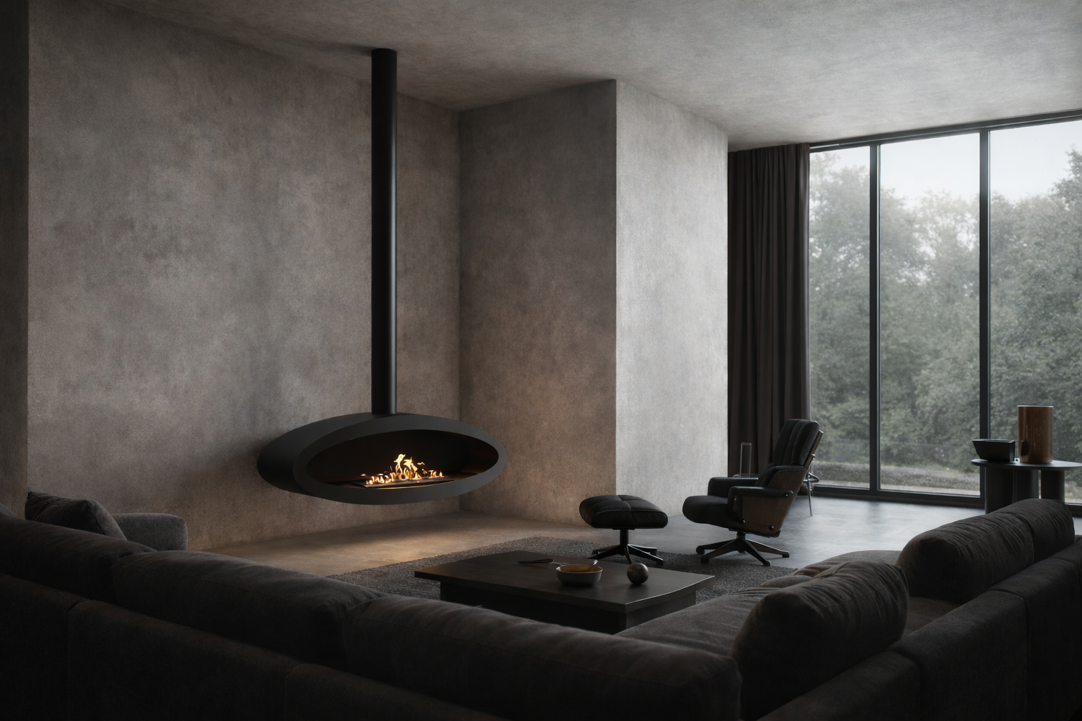 Render van zwarte plafondhaard 120 cm — achterkantaanzicht