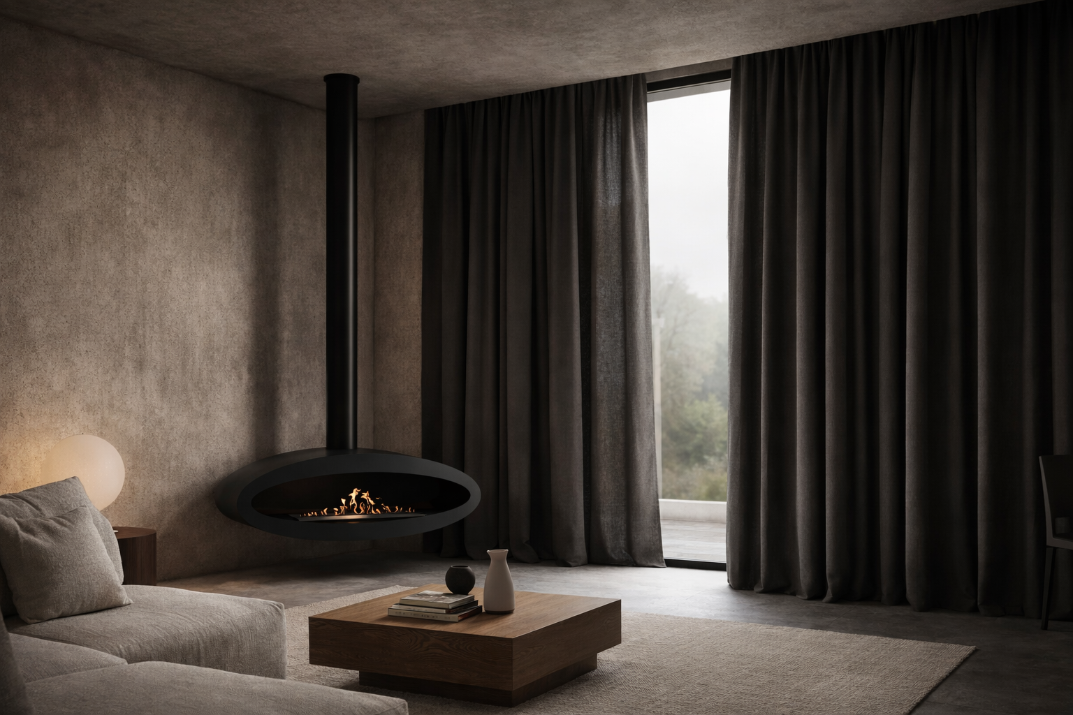 Render van zwarte plafondhaard 120 cm — schuinaanzicht links