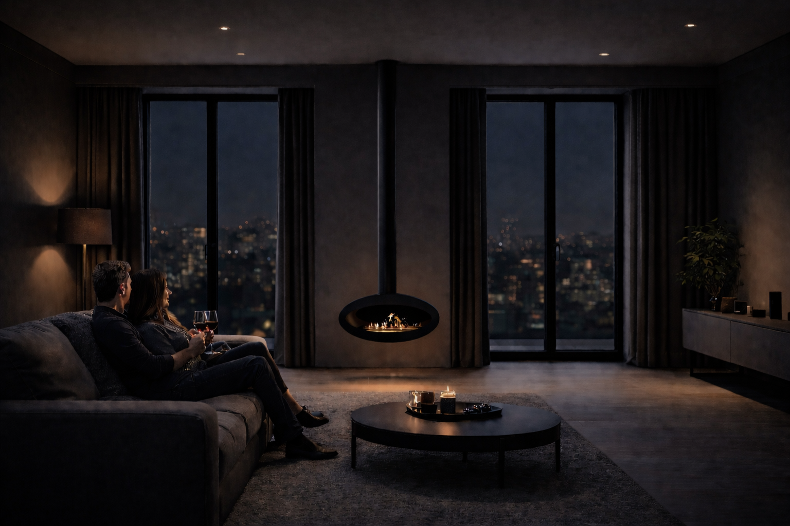 Render van zwarte plafondhaard 80 cm — schuinaanzicht links