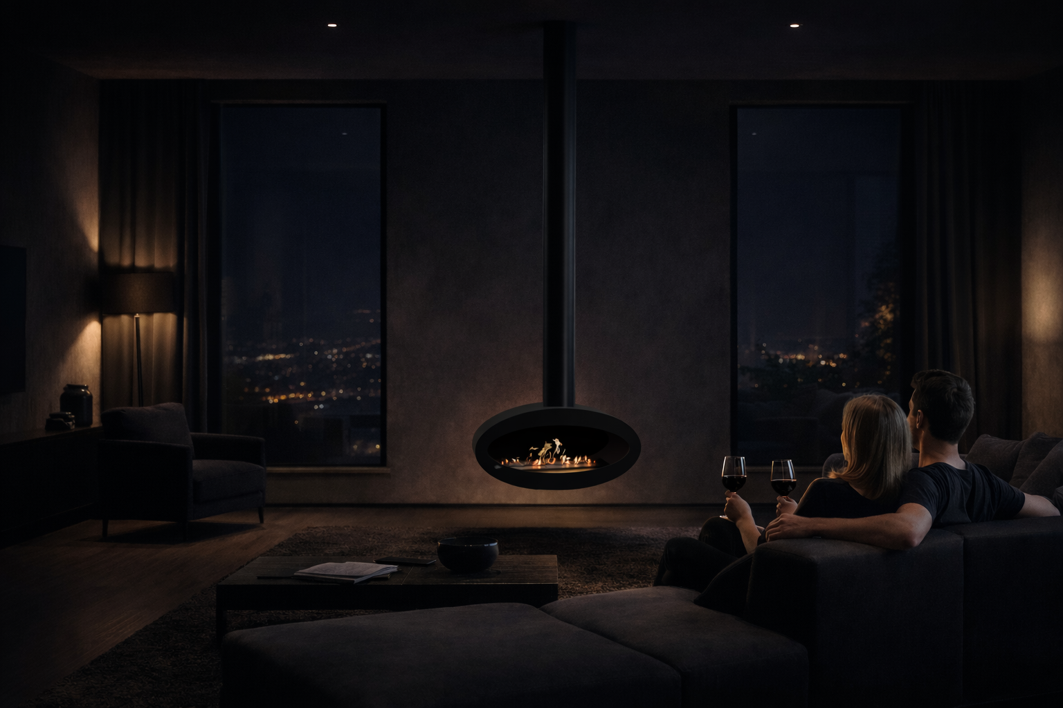 Render van zwarte plafondhaard 80 cm — achterkantaanzicht