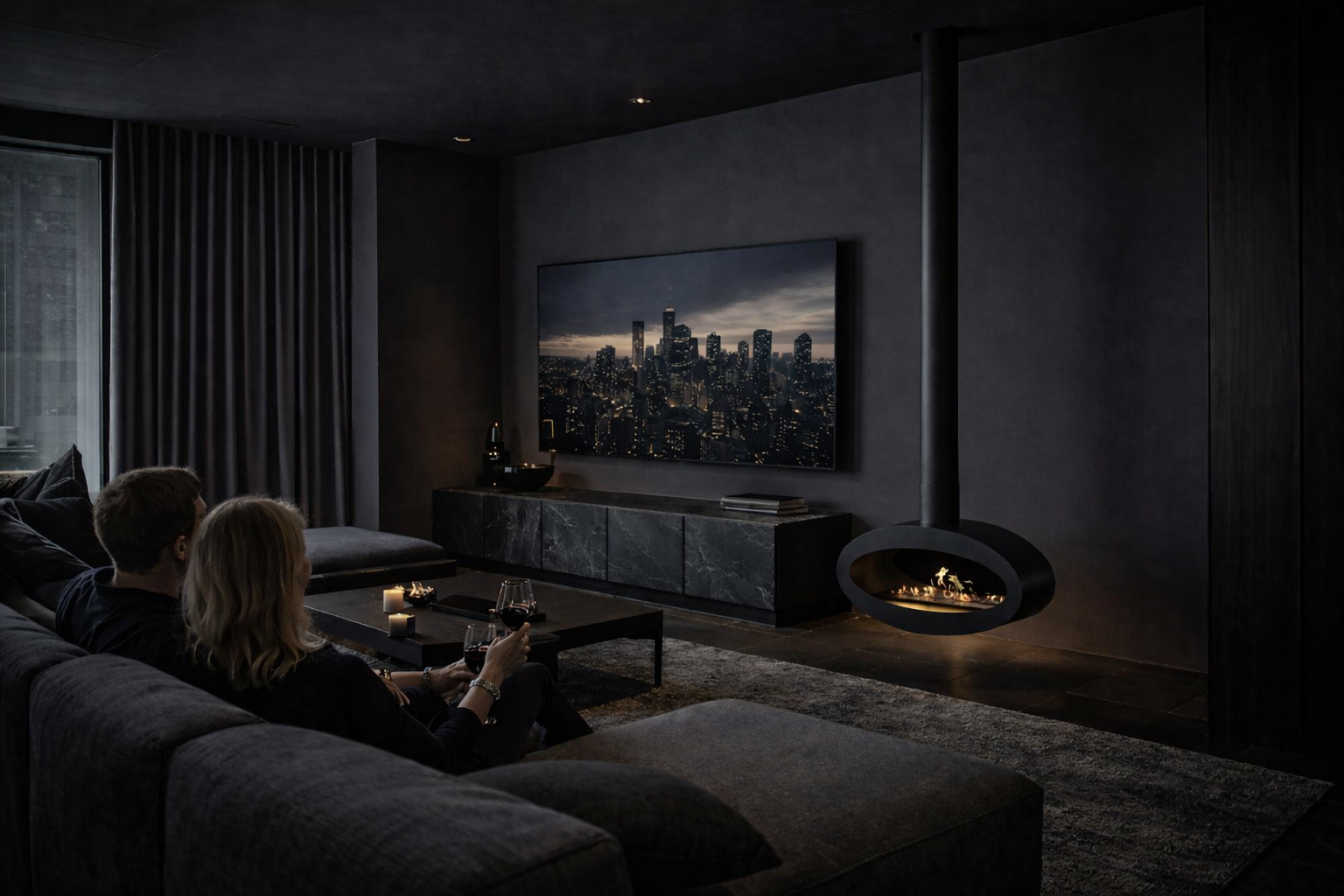 Render van zwarte plafondhaard 80 cm — schuinaanzicht rechts