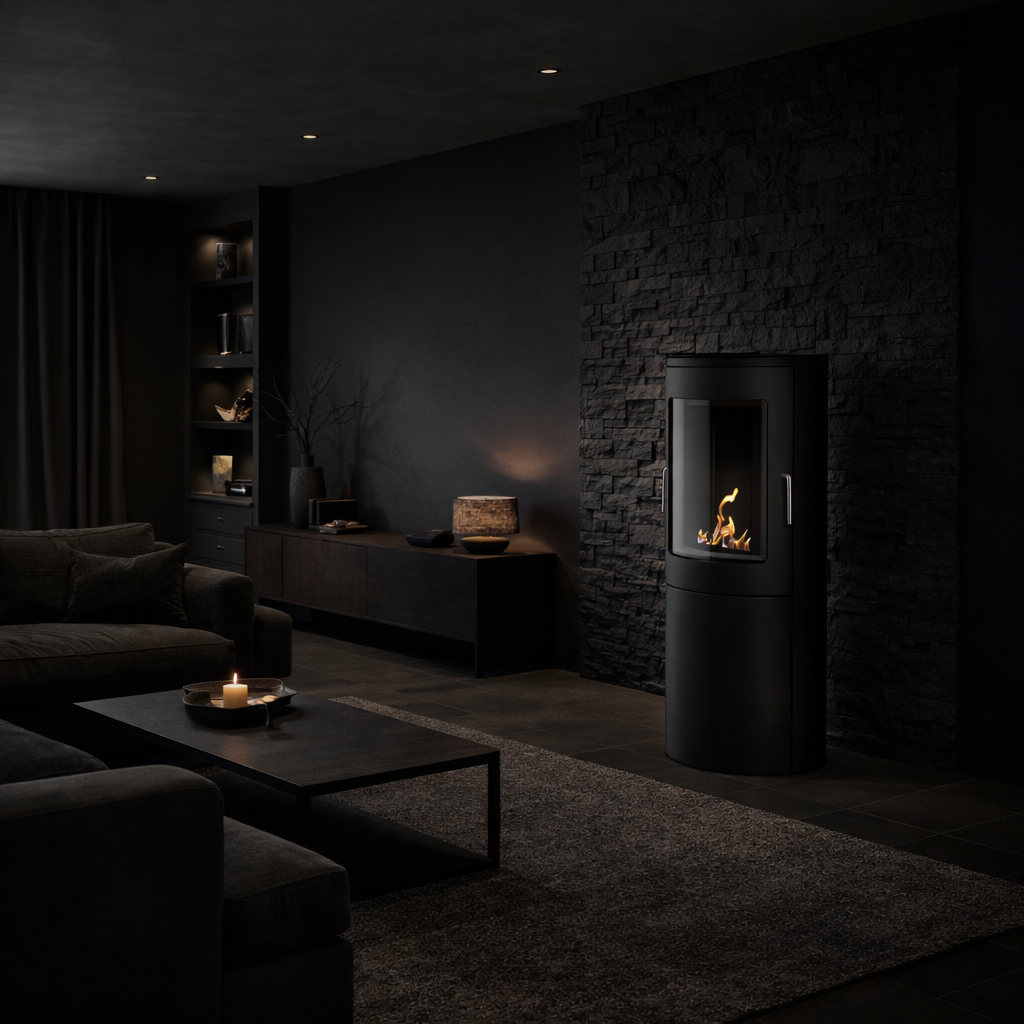 Render van Pollen vrijstaand haard H95 cm — zijaanzicht