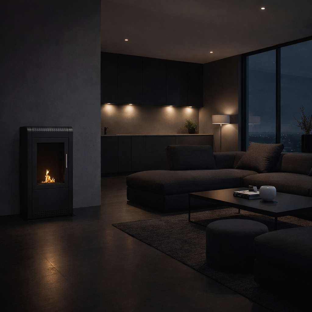 Render van Tana vrijstaand haard H100 cm — schuinaanzicht