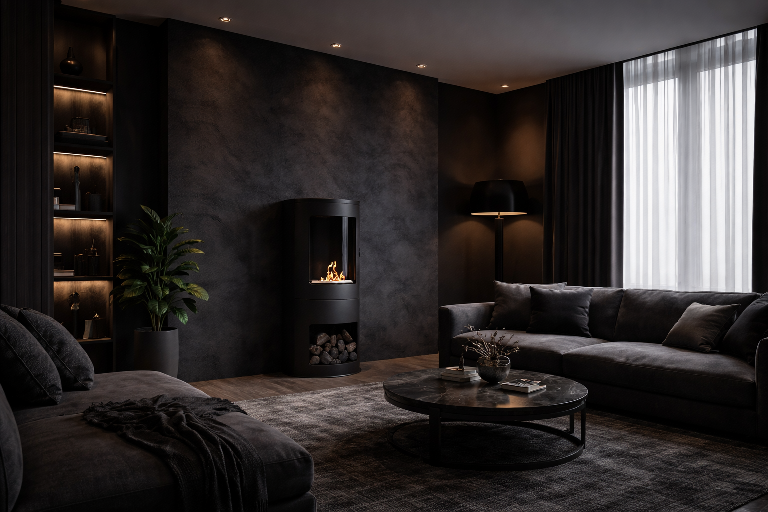 Render van Tina vrijstaand haard — zijaanzicht